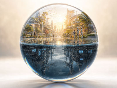 Kristallkugel, in der sich oben eine utopische KI-Stadt und unten ihre dystopische Spiegelung zeigen