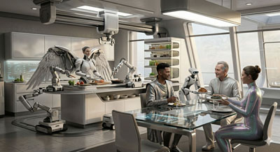 Futuristische Küchenszene mit Robotern, die eine elegant gekleidete Familie am Esstisch bedienen