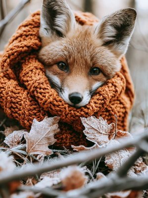 Junger Fuchs mit orangefarbenem Strickschal zwischen frostbedeckten Blättern