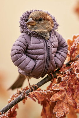 Spatz in einer lila Miniatur-Daunenjacke auf einem herbstlichen Zweig