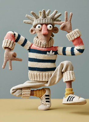 Gestrickte Figur mit stacheliger Strickkrone und Ringelpulli in dynamischer Tanzpose
