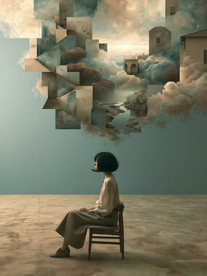 Frau auf einem Stuhl, aus deren Gedanken eine Welt aus Treppen, Häusern und Wolken wächst