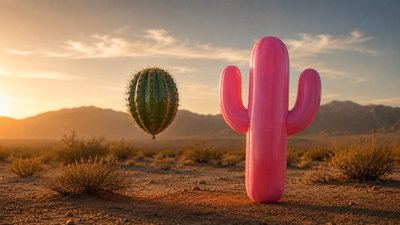 Schwebender Kaktus-Ballon neben einem aufgeblasenen pinkfarbenen Ballon-Kaktus in der Wüste