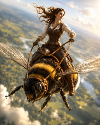 Frau reitet mit Zügeln auf einer fliegenden Hummel hoch über der Erde