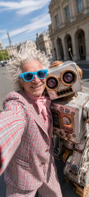 Selfie: Mann mit blauer Sonnenbrille und sein Roboterfreund Kopf an Kopf