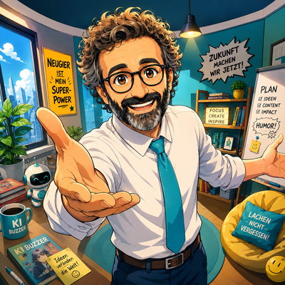 Dr. Buzz als Anime-Figur in einem bunten, comichaft verzerrten Büro