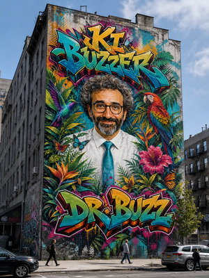 Porträt von Dr. Buzz als XXL-Street-Art-Mural an einer Hausfassade