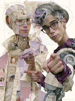 Editorial-Collage: menschlicher Künstler und humanoider Roboter zeigen einladend in die Kamera