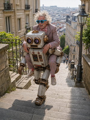 Roboter trägt den Mann huckepack eine Pariser Treppe hinauf