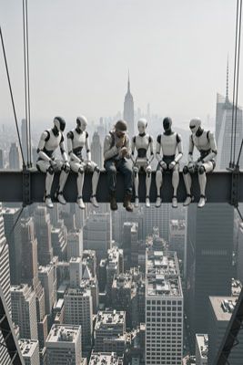 Bauarbeiter sitzt mit fünf weißen Robotern auf einem Stahlträger hoch über Manhattan
