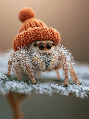 Springspinne mit oranger Wollmütze und Frostkristallen auf einem Blatt