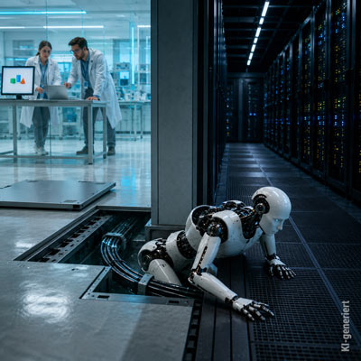 Roboter als Sinnbild für KI bricht aus seiner zugedachten Umgebung aus.
