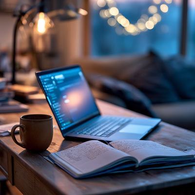 Grundausstattung fürs KI-Coaching: Chat-Fenster, Notizbuch & Kaffee
