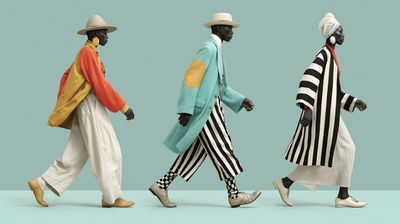 Drei Figuren in gemusterter Retro-Mode im Tanzschritt vor mintgrünem Hintergrund